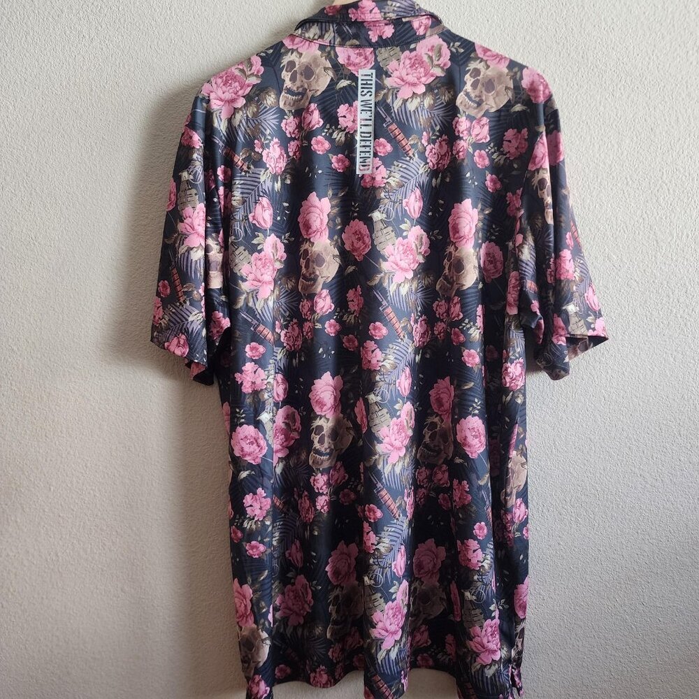 Grunt Style Polo Shirt Mens 2XL Black Pink Floral Skulls Grenades Stretch Golf - Picture 7 of 10